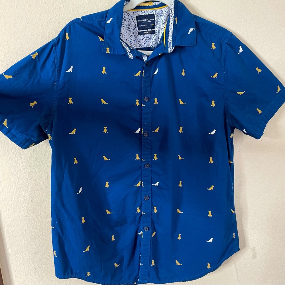 Denim & Flower Ricky Singh Slim Fit Dog Print Short Sleeve Button Up | Large